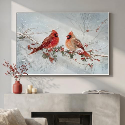 Framed Modern Red Bird Landscape Wall Art, Large Nature Animal Canvas Prints by Cuspin