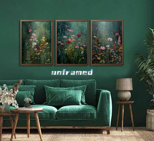 3Pcs Dark Green Floral Canvas Wall Art Moody Wildflowers Poster Prints Vintage - Image 6