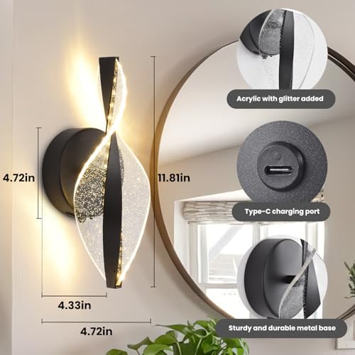 LED Wall Sconces Set of Two Battery Operated, 5000mAh USB Rechargeable Black - Image 3