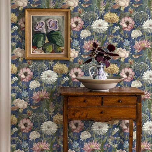 Jeweluck Vintage Floral Wallpaper Peel and Stick Dark Blue 16.9" x 196.8" - Image 6