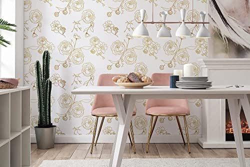 Safiyya 196"x17.3" Peel and Stick Wallpaper Gold and White Contact Paper Floral - Image 6