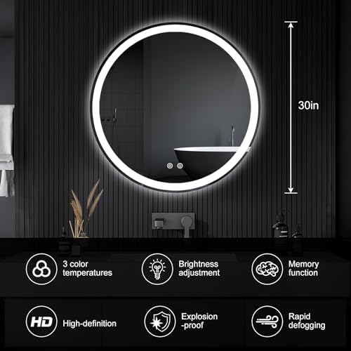 30 Inch LED Bathroom Mirror, Round Wall Mount Vanity Mirror - Image 2