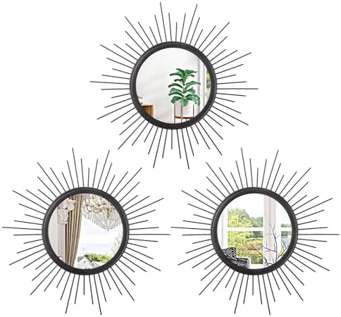 3 Pack Black Metal Wall Mirrors Sunburst Wall Mirrors Home Décor Art Decorative by HLFMVWE