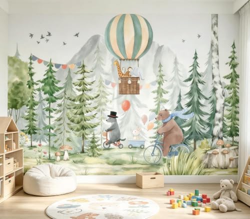 Cute Watercolor Forest Animals Hot Air Balloon Kids Wallpaper Peel & Stick - Image 2