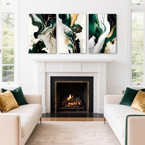 EJPFOGV Triptych Green and Gold Floral Wrapped Canvas Wall Art 16x24 in x3 - Image 2