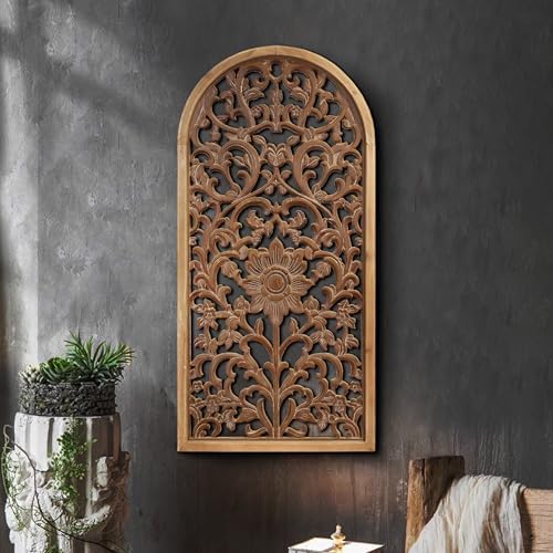 WREVERW Rustic Boho Arched Wood Wall Art, Hand-Carved Floral Panel by WREVERW