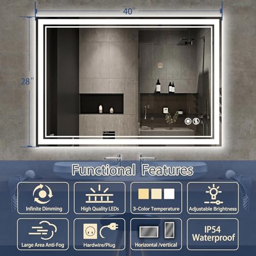 28" x 40" LED Mirror for Bathroom, Dimmable 3 Colors - Image 2
