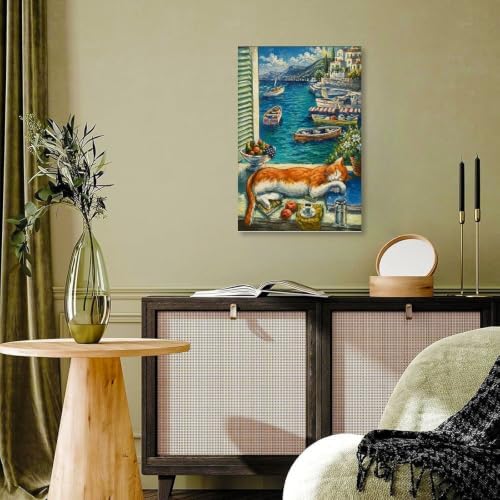 Coastal Cat Poster Mediterranean Seaside View Canvas Wall Art - Image 7