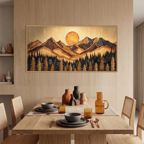 Boho Mountain Woodcut Framed Canvas Wall Art Set -20"x40" - Image 3