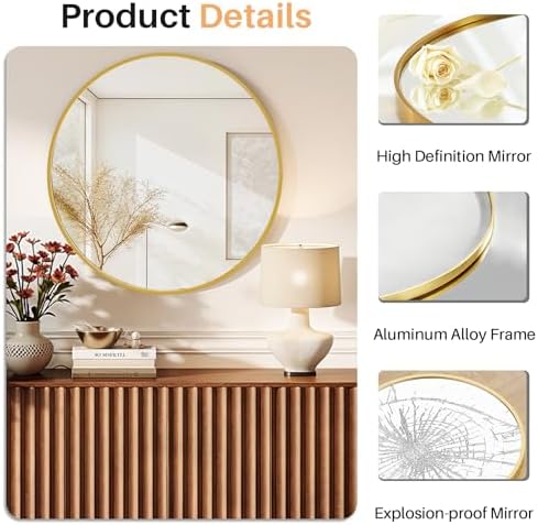 30 Inch Round Bathroom Mirror for Wall, Matte Gold Metal Framed - Image 4