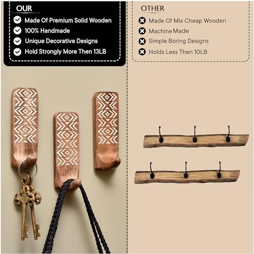 Indian Shelf 6 Piece Wooden Adhesive Wall Hooks - Image 3
