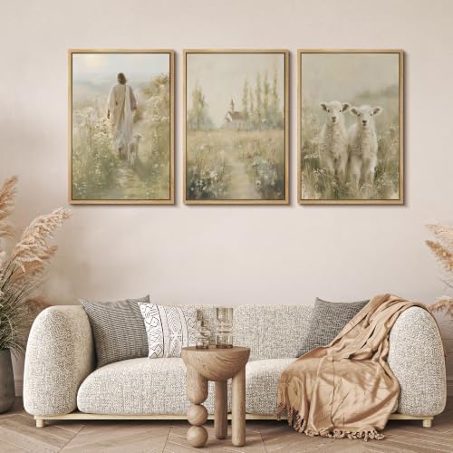 MUDECOR Framed Canvas Print Wall Art Set Jesus and Lambs - Image 2
