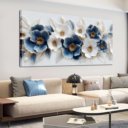 Large Canvas Wall Art for Living Room Blue and White Floral Print Painting wall by POMAIHUADE