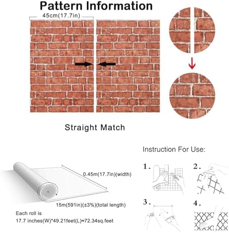 Cohoo Home Red Brick Wallpaper Peel and Stick Contact Paper Faux 591”×18” - Image 3