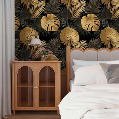 Black Gold Tropical Palm Monstera Leaf Peel and Stick Wallpaper Self Adhesive - Image 4