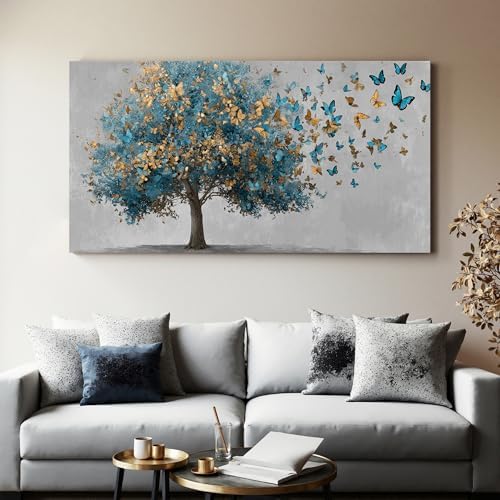 YISXINOAG Blue Gold Tree of Life Wall Art Butterfly Landscape Print 29"X58" - Image 3