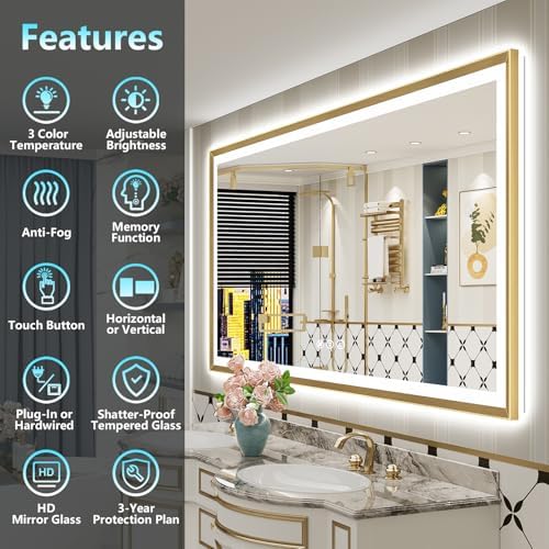 77x36 Gold Beveled LED Lighted Bathroom Mirror, Backlit & Front Lit - Image 2