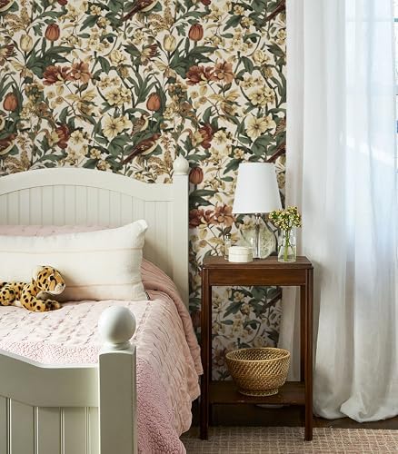 Erfoni Floral Birds Wallpaper Vintage Floral Peel and Stick Wallpaper Beige - Image 3