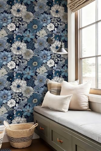 Navy Blue Floral Peel and Stick Wallpaper, Vintage Blue Bloom Wallpaper - Image 2
