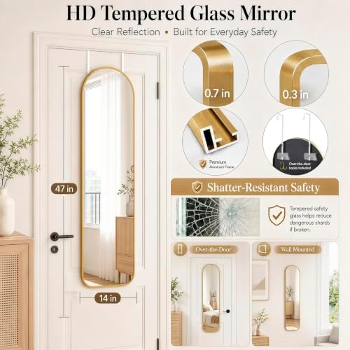 SCWF-GZ 47x14 Full Length Mirror Over the Door Hang or Wall Mounted Gold - Image 2