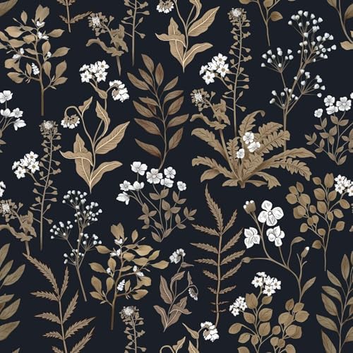 Black and Gold Peel and Stick Wallpaper Moody Dark Floral Contact Paper by Abyssaly