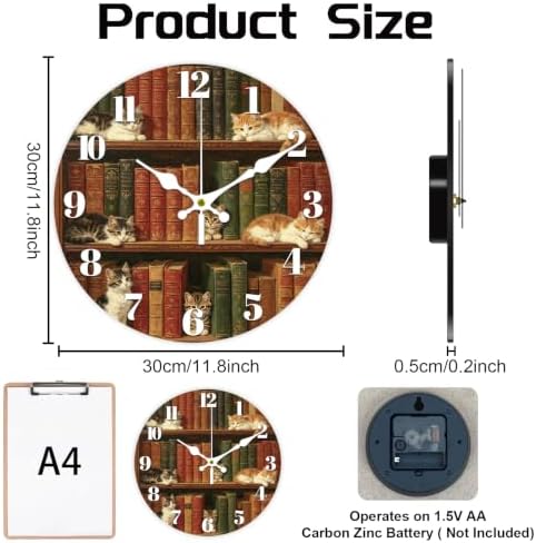 Vintage Bookshelf Wall Clock Silent Non-Ticking 12" - Image 2