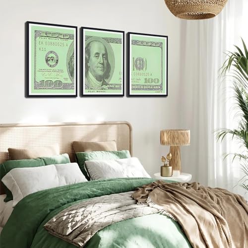 Green Canvas Wall Art Benjamin Franklin 100 Dollar Money Painting 3 Panels - Image 4