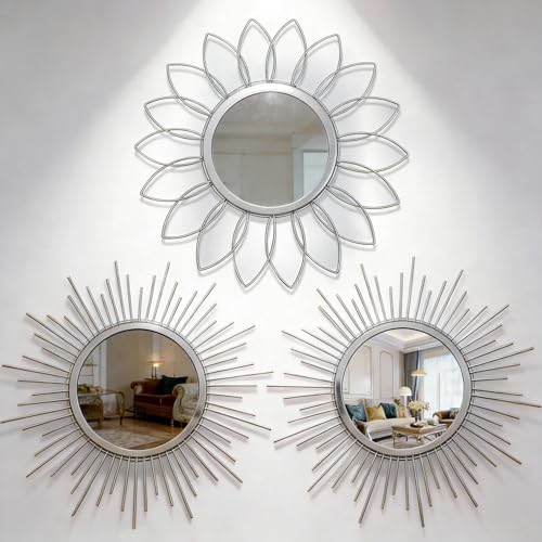 Boho Sunburst Wall Mirror Set of 3, 12 Inch Round Antique & Modern Metal Wall by HMANGE