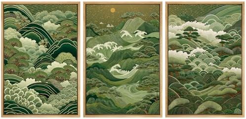 MUDECOR Framed Canvas Print Wall Art Japanese Forest Landscape Green Waves and by MUDECOR