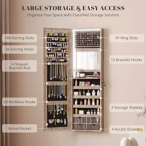 Vlsrka 47.2" LED Jewelry Cabinet, Wall Mounted Jewelry Mirror Organizer - Image 2