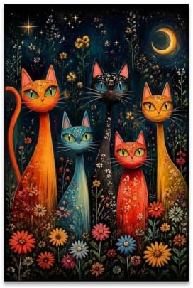 Colorful Cat Family Poster Whimsical Cat Family Canvas Wall Art by Unknown