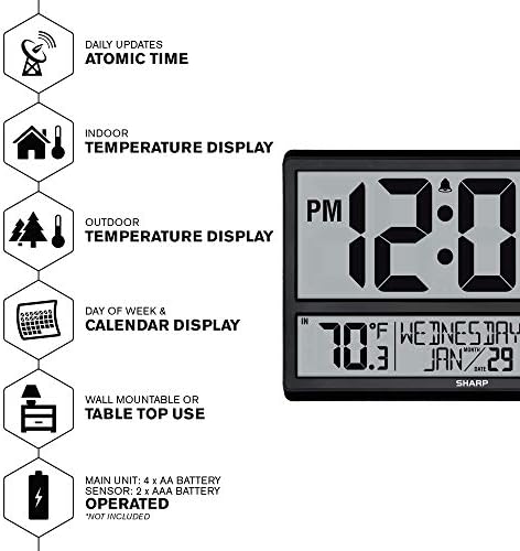 Sharp Atomic Clock with 4-Inch Display, Outdoor Sensor, Battery Powered - Image 3