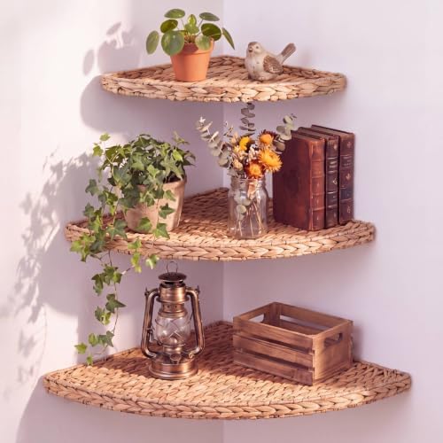 Amyhill Set of 3 Wicker Floating Corner Shelf Boho Wall Decor by Amyhill