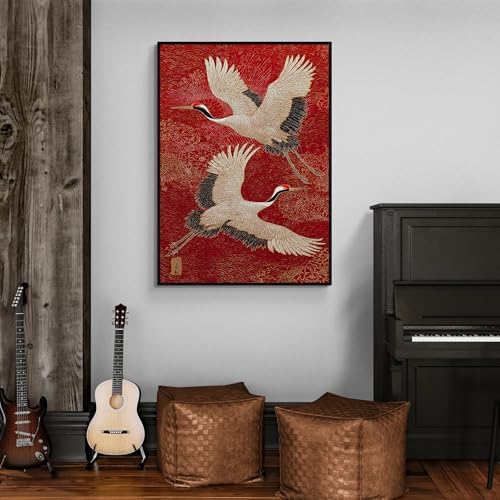 Retro Japanese Canvas Wall Art Funny Oriental Crane Posters Red And Gold Bird - Image 3