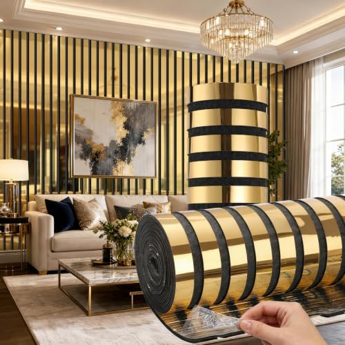 Mirror Striped Peel and Stick Wallpaper 6mm Thick 3D Gold Wall Decor Stripe by GRITHOME