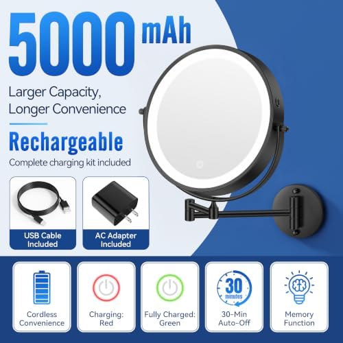 Auxmir 9″ 5000mAh 1X/30X Wall Mounted Lighted Magnifying Makeup Mirror - Image 3