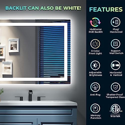 60x38 LED Bathroom Mirror with Lights, RGB Backlit Lighted Mirror - Image 2