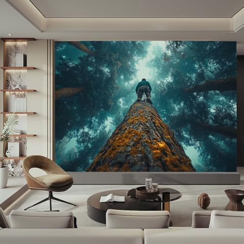 Teal Brown 3D Large Wall Mural Wallpaper Person on Tree in Misty Forest Natural - Image 2