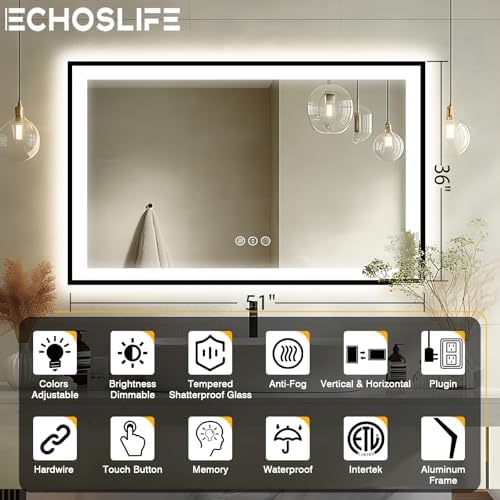EchosLife 51x36 Lighted Mirror for Bathroom Wall - Image 2