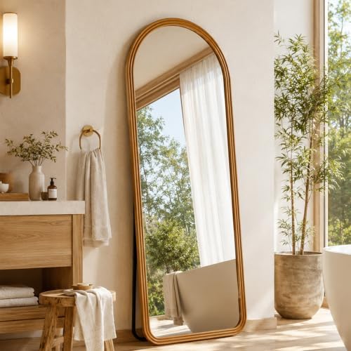 24x65 Inch Wood Arched Full Length Floor Mirror, Natural Wood by Unknown