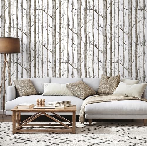 17.7" X 394"Birch Tree Wallpaper Peel and Stick White and Brown Wallpaper - Image 2
