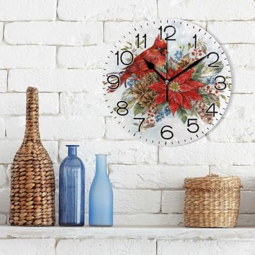 Christmas Poinsettia Flower and Winter Bird Red Cardinal Wall Clock Battery - Image 3