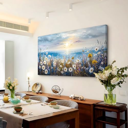 crmotu Extra Large Canvas Art, Beach Daisy Sunset Pictures 29X57 In - Image 4