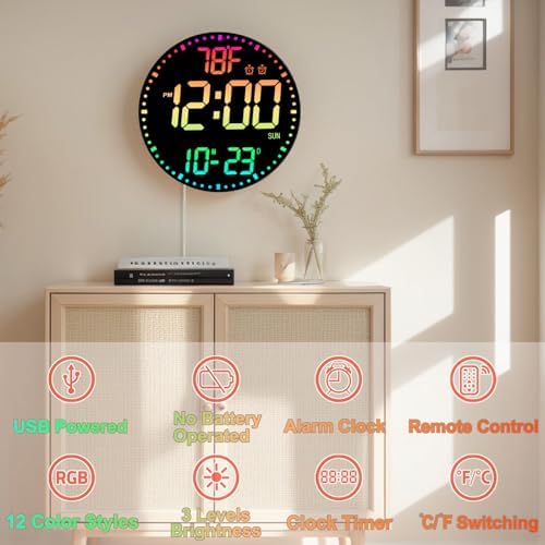 QINFIEY Large 12" RGB Color Changing Digital Wall Clock - Image 2