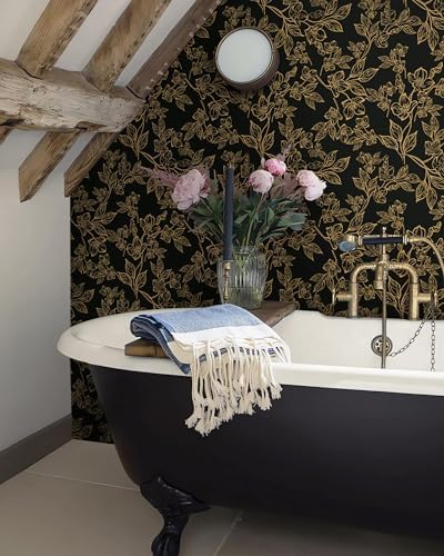 Ismoon Dark Floral Peel Stick Wallpaper Black Gold Wallpaper 17.3x196in - Image 4