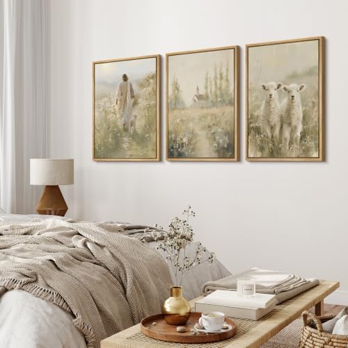 MUDECOR Framed Canvas Print Wall Art Set Jesus and Lambs - Image 3