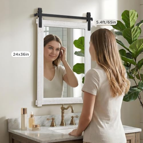 Besdomus Farmhouse Bathroom Vanity Mirror: 24"x36" White Rustic Barn Door - Image 3