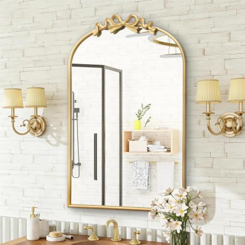 Besdomus Vintage Arched Gold Mirror: 24"x36" Large Gold Bow Vanity Mirror by Besdomus