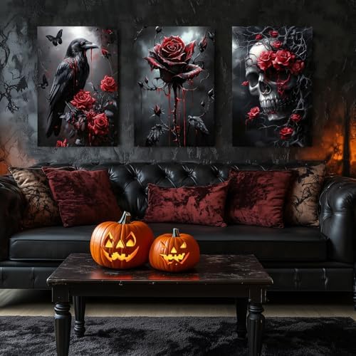 Hianan Wrapped Canvas Dark Goth Crow Rose Skull Wall Art Set of 3, 16x24 in - Image 2
