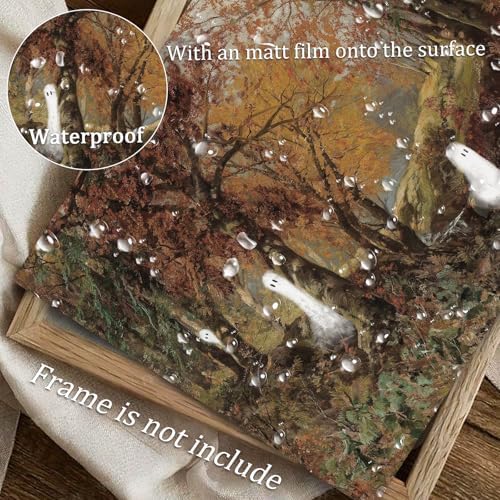 uniro Halloween Cute Ghost Vintage Wall Art, Spooky Autumn Landscape Canvas Oil - Image 4